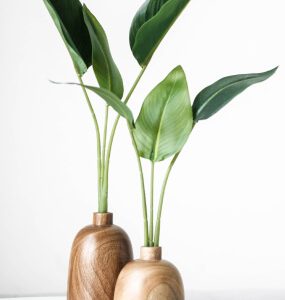 Two rounded wood-grain bud vases holding tall green leaves