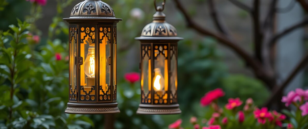 Two metal garden lanterns glowing among flowers